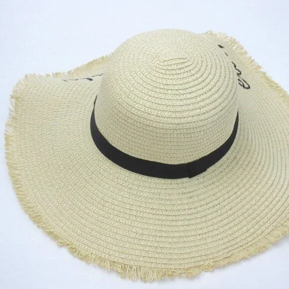 Eat Sleep Beach Embroidered Wide Brim Straw Sun Hat Frayed Beige Collapsible NEW - Picture 4 of 4